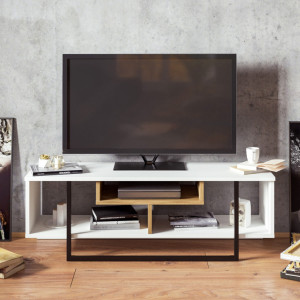 Comoda TV Salvador, Model Asal, 119.4x40.2x35.2 cm, Alb/Stejar/Negru - Img 2