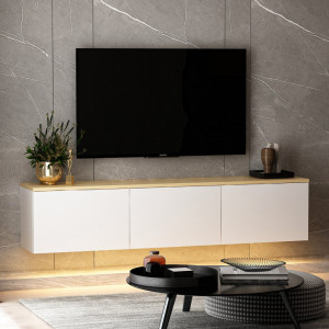 Comoda TV Salvador, Model Neon, 160x35x32 cm, Alb/Stejar - Img 3