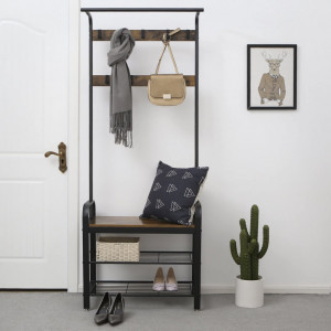 Cuier cu bancuta si suport pantofi Model Clay, Maro Rustic/Negru, 183x72x33.7 cm - Img 4