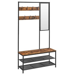 Cuier cu bancuta si suport pantofi Model Hale, Maro Rustic/Negru, 98×35×180 cm - Img 1