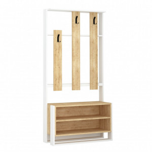 Cuier cu pantofar Model Chester, Alb/Stejar, 90x36x180 cm - Img 2