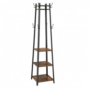 Cuier de podea cu 16 cârlige, 4 bare și 3 rafturi, stil industrial, Maro Rustic/Negru, 43 × 43 × 180 cm