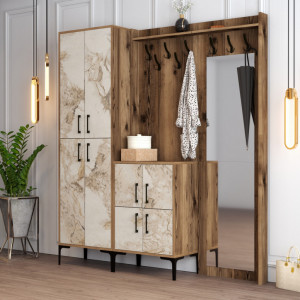Cuier hol cu dulap Model Berlin, Nuc/Marmorat, 180x35x200 cm - Img 2