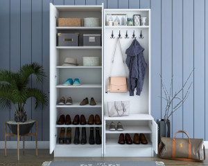 Cuier hol cu dulap Model Bruce, Alb, 119.6x37.3x182.8 cm - Img 3