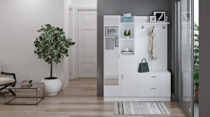 Cuier hol cu dulap Model Roach, Alb, 140x36.8x181.8 cm - Img 3