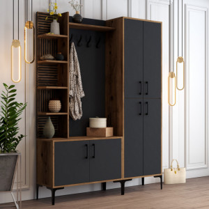 Cuier hol cu dulap Model Viyana, Nuc/Antracit, 150x35x200 cm - Img 3