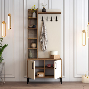 Cuier hol cu dulap Model ViyanaD, Nuc/Crem, 90x35x200 cm - Img 3
