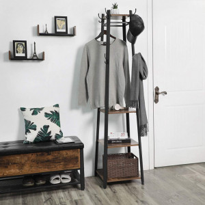 Cuier tip pom cu rafturi Model Good, Maro Rustic/Negru, 43x43x180 cm - Img 4
