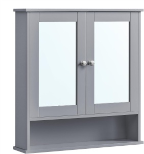 Dulap suspendat pentru baie cu oglindă, poliță reglabilă și compartiment deschis, Gri, 56,5 × 13 × 58,5 cm