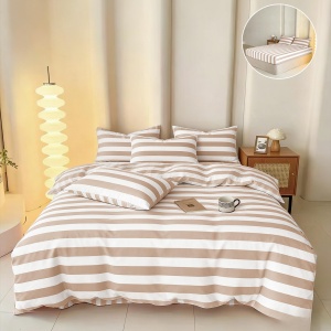 Lenjerie de pat 4 piese, Stripes Bej, cearșaf cu elastic 180 × 200 cm