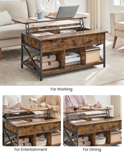 Măsuță de cafea cu blat lift-up și spații de depozitare, stil industrial, Maro Rustic/Negru, 100 × 60 × 48–62 cm - Img 7