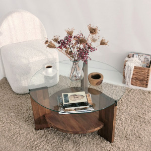 Masuta de Cafea Model Dunlap, 75x75x40 cm, Nuc, Lemn masiv, Blat Sticla securizata - Img 2