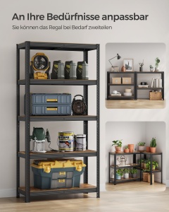 Raft de depozitare Heavy Duty cu 5 polițe reglabile, capacitate 875 kg, Maro Rustic/Negru, 90 × 40 × 180 cm - Img 6