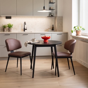 Scaun dining Leyla, tapițat cu piele ecologică, Maro/Negru, 46 × 46 × 82,5 cm