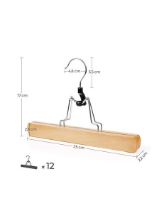 Set 12 umerașe din lemn pentru pantaloni și fuste, cu clemă antialunecare și cârlig rotativ 360°, Natur, 25 × 2,2 × 17 cm - Img 6