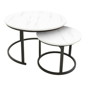 Set 2 Masute de Cafea Model Revelon, Alb marmorat/Negru, 80x80x45 cm
