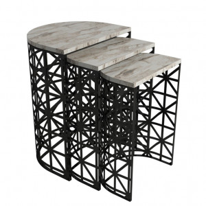 Set 3 Masute de Cafea Model Remi, 46x33x62/41x30x58/36x27x53 cm, Alb Marmorat/Negru - Img 4