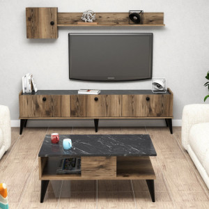 Set Comoda TV si Masuta de Cafea Model Flowers, 90x54x39.6 cm, Nuc/Negru marmorat - Img 2