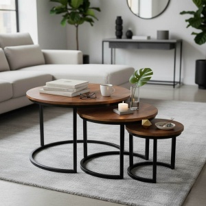 Set de 3 măsuțe de cafea Frina, nuc/negru, 70x70x45 cm