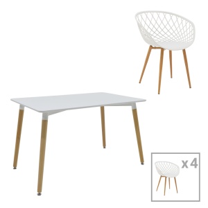 Set Masă si 4 Scaune Ezra-Natali, alb/natural, 120x80x76 cm