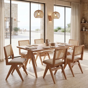 Set masă și 6 scaune Winslow, Nuc deschis/Natural/Gri deschis, 160 x 85 x 75 cm