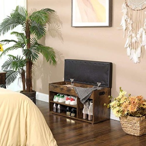 Bancă pantofar cu șezut tapițat, 3 compartimente și spațiu de depozitare ascuns, Maro Rustic/Negru, 80 × 30 × 44 cm - Img 3