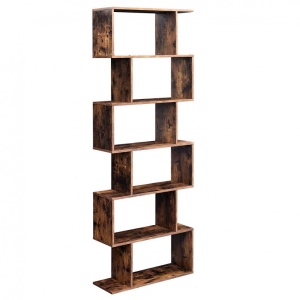 Bibliotecă înaltă cu 6 niveluri, design geometric tip S, Maro Rustic, 70 × 24 × 190,5 cm