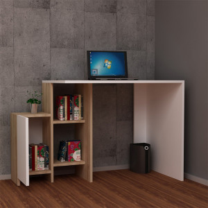 Birou cu Biblioteca Pako World, model Kely, 113x74x55 cm, Alb/Stejar - Img 3