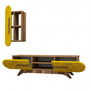 Comoda TV Defne - Walnut, Yellow - Img 3