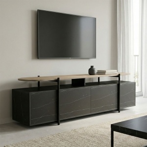 Comoda TV Medousa, Sonoma/Negru cu aspect de marmura, 160 x 35,5 x 50 cm