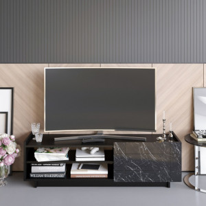 Comoda TV Salvador, Model Valantina, 140x41.4x37.1 cm, Negru/Negru marmorat - Img 2