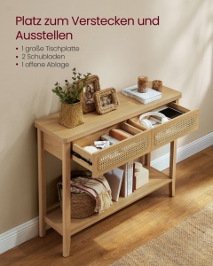 Consolă pentru hol cu 2 sertare și poliță, stil Boho, Stejar Bej, 100 × 30 × 80 cm - Img 5