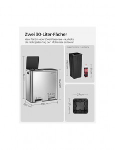 Cos de reciclare, Songmics, 2 compartimente, LTB60NL, 2 x 30 L - Img 5