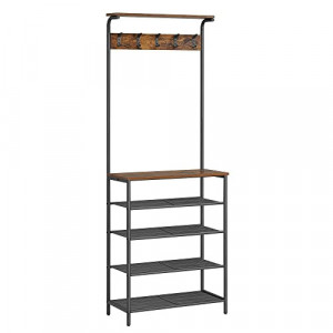 Cuier cu bancuta si suport pantofi Model Berry, Maro Rustic/Negru, 68×32.2×182 cm - Img 2