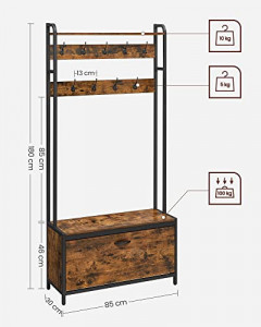 Cuier cu bancuta si suport pantofi Model Cervantes, Maro Rustic/Negru, 85x30x180 cm - Img 6