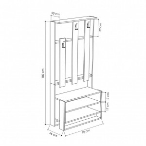 Cuier cu pantofar Model Chester, Alb/Stejar, 90x36x180 cm - Img 3