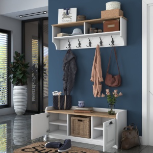 Cuier de hol cu dulap Model Bean, Alb/Nuc, 120x40x45 cm - Img 9