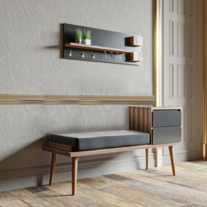 Cuier hol cu bancuta Model Orin, Nuc/Antracit/Gri, 120x45x74.5 cm