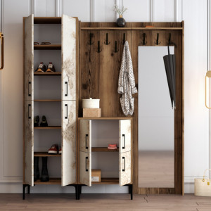 Cuier hol cu dulap Model Berlin, Nuc/Marmorat, 180x35x200 cm - Img 3