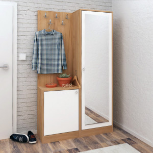 Cuier hol cu dulap Model Broc, Stejar/Alb, 100x35x180 cm - Img 2