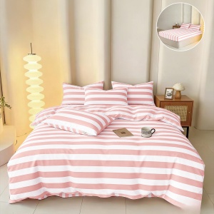 Lenjerie de pat 4 piese, Stripes roz, cearșaf cu elastic 180 × 200