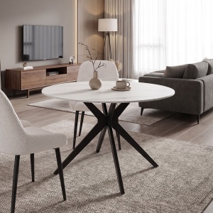 Masă dining Orbital, Alb cu aspect de marmură/Negru, D100 x 76 cm