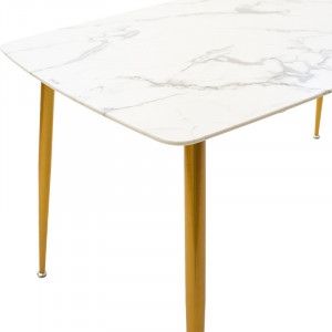 Masa Model Eliza, 150x80x75 cm, Alb marmorat/Auriu, Blat Sticla securizata - Img 3