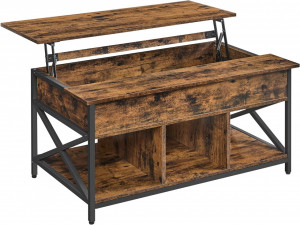 Măsuță de cafea cu blat lift-up și spații de depozitare, stil industrial, Maro Rustic/Negru, 100 × 60 × 48–62 cm