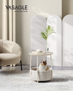 Măsuță laterală rotundă cu coș textil de depozitare, Bej Natural/Alb Crem, Ø45 × 51 cm - Img 2