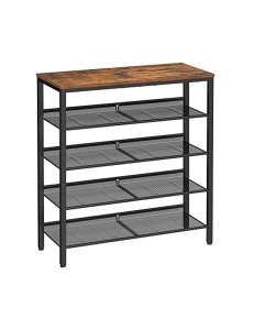Pantofar cu 4 rafturi reglabile și blat superior, 20–25 perechi, stil industrial, Maro Rustic/Negru, 75 × 28 × 93 cm