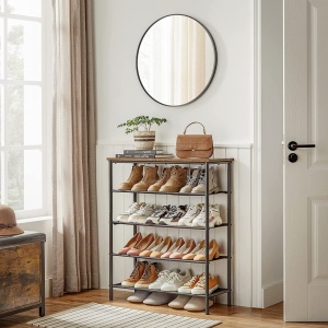 Pantofar cu 4 rafturi și blat superior, stil industrial, Maro Rustic/Negru, 75 × 30 × 91 cm - Img 4