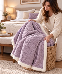 Pătură Cocolino cu blăniță Sherpa, model Romb Floral Embosat, Lila, 200 × 230 cm