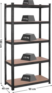 Raft Songmics, 5 rafturi, 180 x 90 x 40 cm, Negru, GLR040B01 - Img 2
