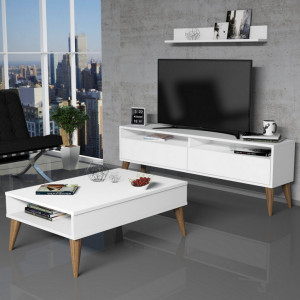 Set Comoda TV si Masuta de Cafea Model Brown, 90x60x34.6 cm, Alb - Img 1